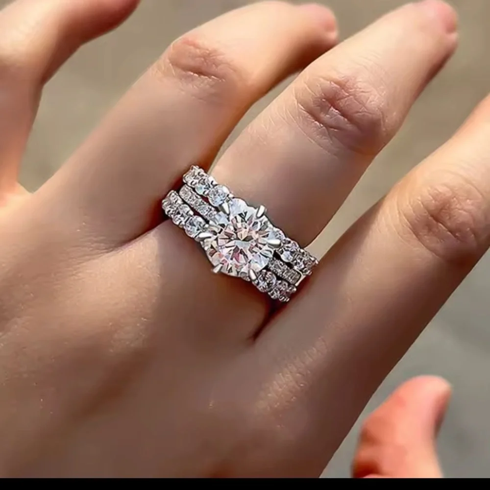 Neiman Marcus Silver-Tone Round Brilliant Solitaire with Pave Band Trio